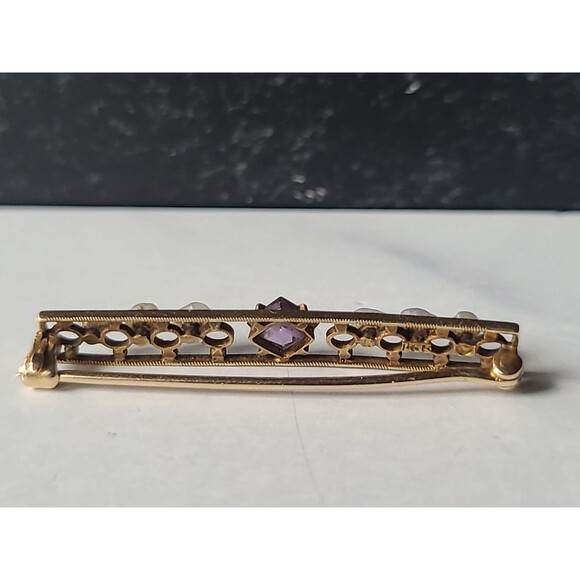 Antique 14K Yellow Gold Amethyst & Natural Pearl Bar Brooch - Picture 7 of 10